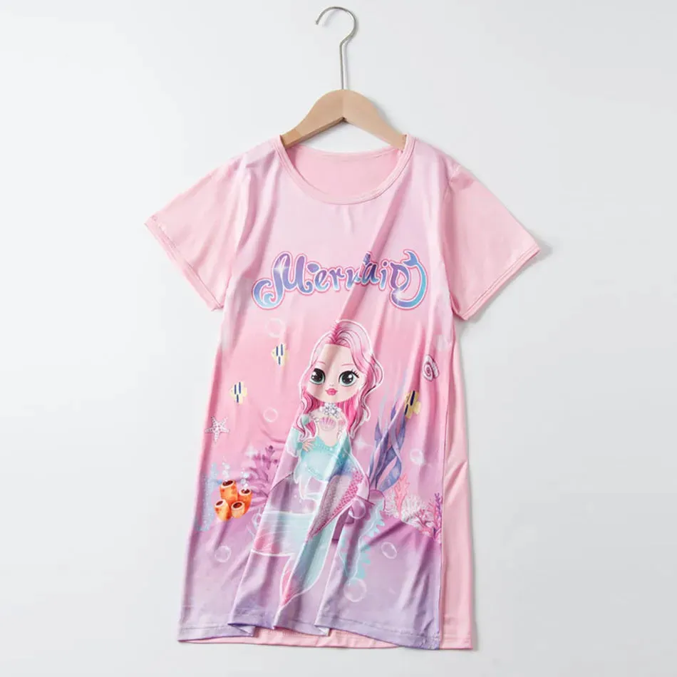 Summer New Cool Silk Smooth Mermaid Printed Girls Short Sleeve Sleeping Dress Children Cartoon Skin Friendly Soft Ice Silk Skirt