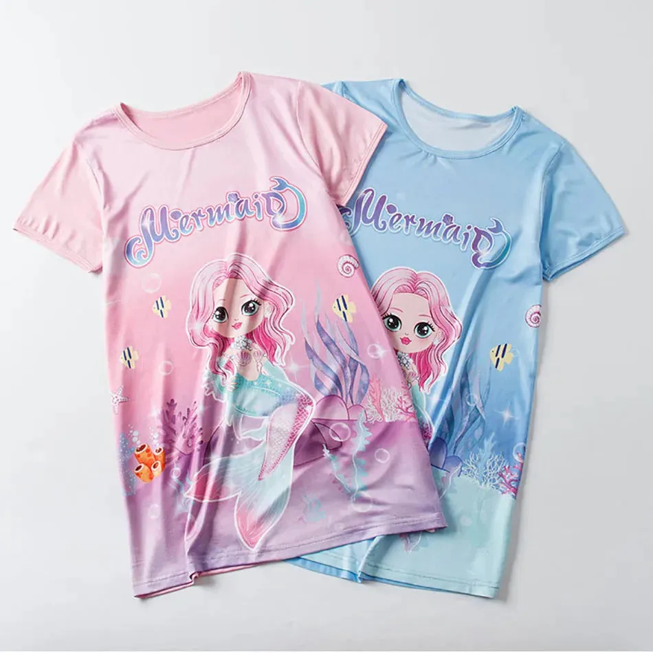 Summer New Cool Silk Smooth Mermaid Printed Girls Short Sleeve Sleeping Dress Children Cartoon Skin Friendly Soft Ice Silk Skirt