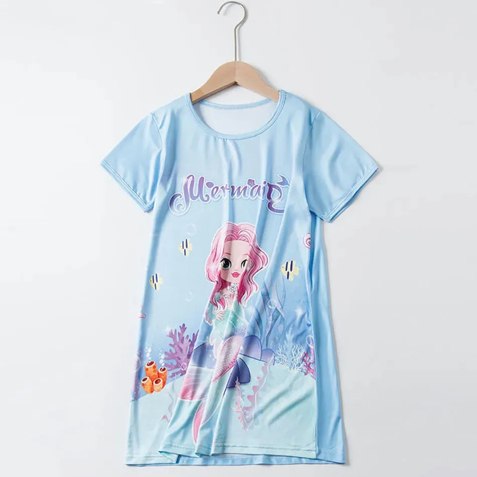 Summer New Cool Silk Smooth Mermaid Printed Girls Short Sleeve Sleeping Dress Children Cartoon Skin Friendly Soft Ice Silk Skirt