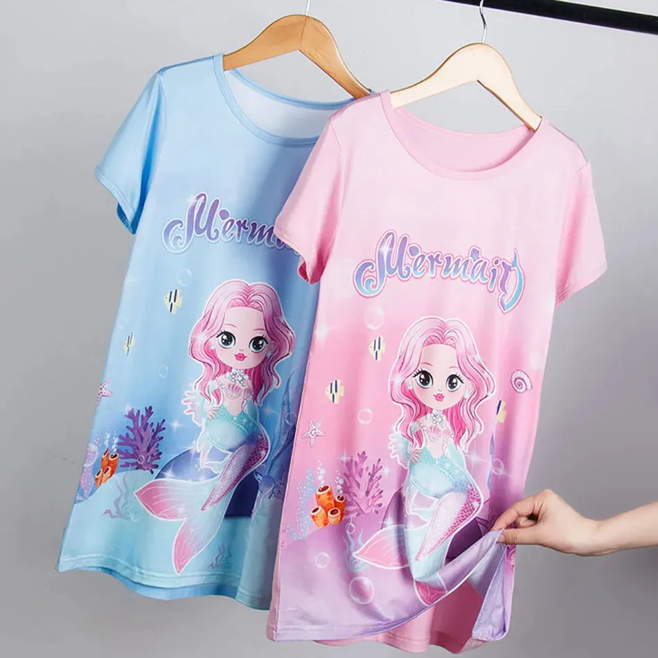 Summer New Cool Silk Smooth Mermaid Printed Girls Short Sleeve Sleeping Dress Children Cartoon Skin Friendly Soft Ice Silk Skirt