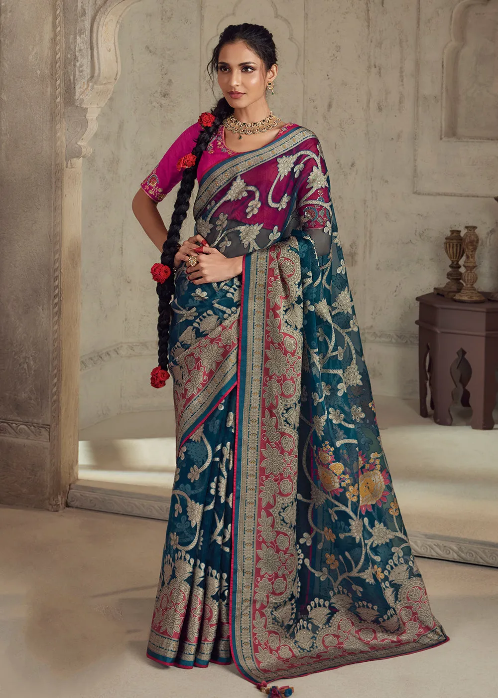 Teal Blue Soft Organza Brasso Embroidered Wedding Festive Saree