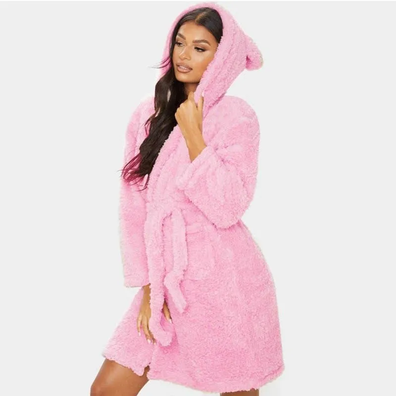 Teddy Bear Ears Plush Bathrobe - Cozy and Cute Knee-Length Robe