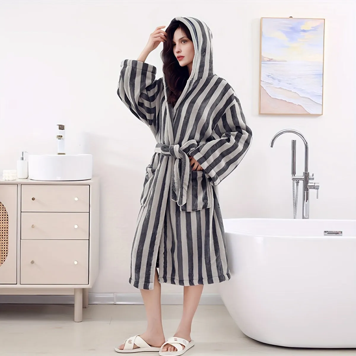 Ultra-Soft Coral Fleece Striped Hooded Bathrobe - Absorbent, Cozy Loungewear for All Seasons, Perfect for Bathroom, Bedroom & Pool