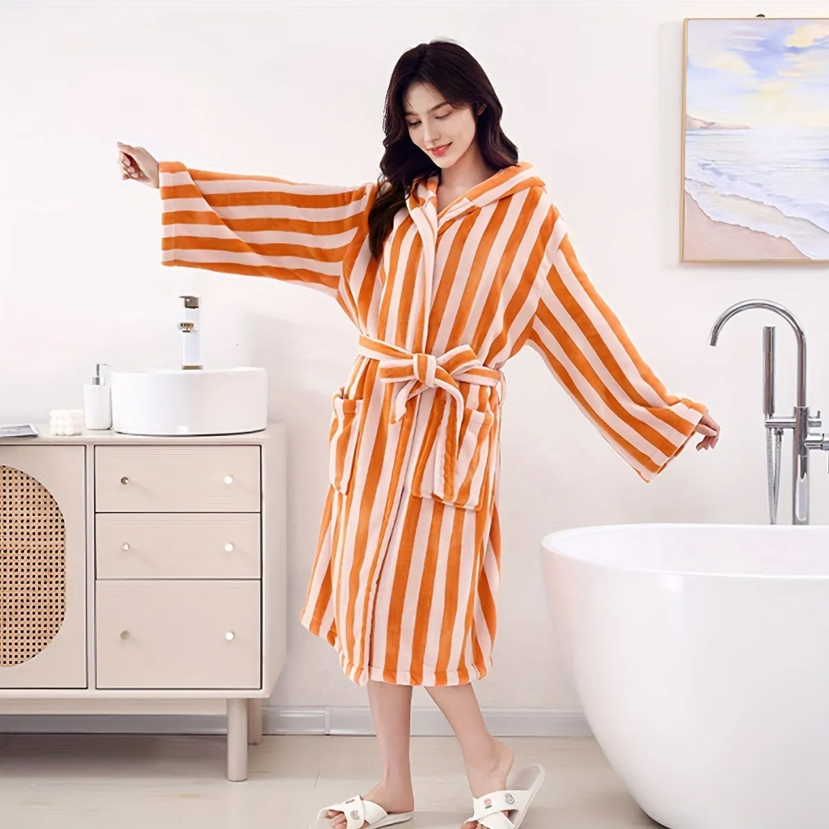 Ultra-Soft Coral Fleece Striped Hooded Bathrobe - Absorbent, Cozy Loungewear for All Seasons, Perfect for Bathroom, Bedroom & Pool