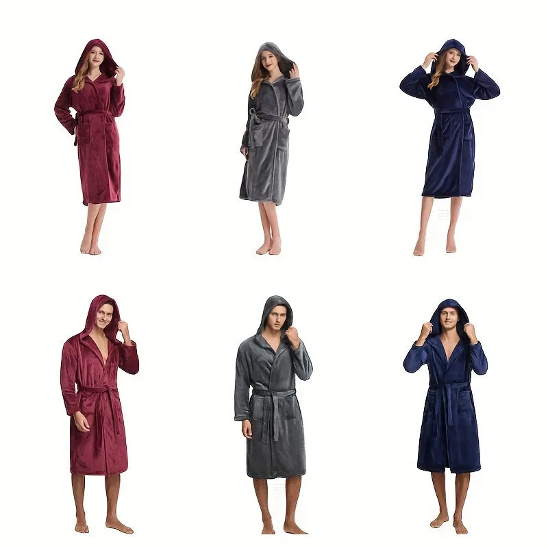 Ultra-Soft Flannel Hooded Bathrobe - Cozy Long Sleeve, Perfect for Home & Outdoors, Ideal Couple's Pajamas, Christmas Decorations