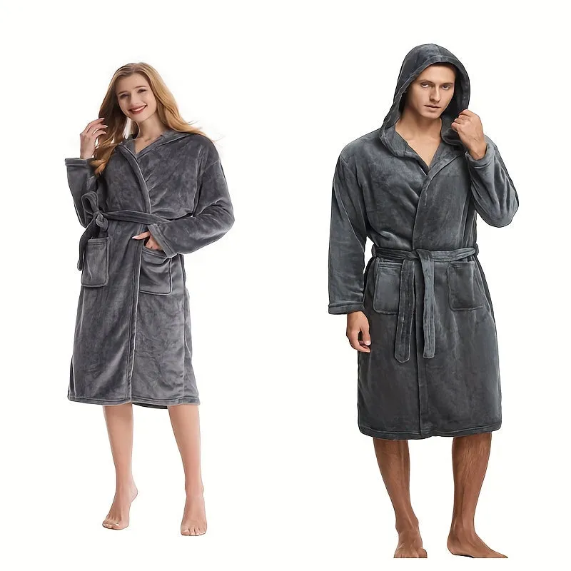 Ultra-Soft Flannel Hooded Bathrobe - Cozy Long Sleeve, Perfect for Home & Outdoors, Ideal Couple's Pajamas, Christmas Decorations