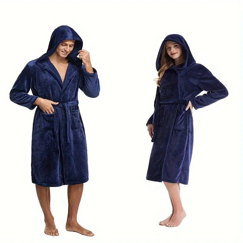 Ultra-Soft Flannel Hooded Bathrobe - Cozy Long Sleeve, Perfect for Home & Outdoors, Ideal Couple's Pajamas, Christmas Decorations