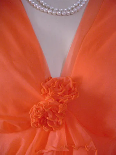 *VINTAGE DOUBLE NYLON PEIGNOIR & NIGHTGOWN 19 FEET GRAND SWEEP SET ADORNED WITH FABRIC ROSES IN RARE SHADE OF TANGERINE