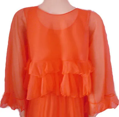 *VINTAGE DOUBLE NYLON PEIGNOIR & NIGHTGOWN 19 FEET GRAND SWEEP SET ADORNED WITH FABRIC ROSES IN RARE SHADE OF TANGERINE