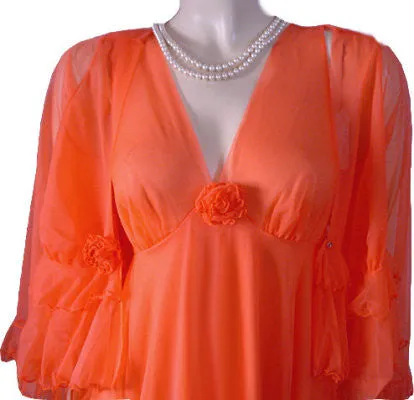 *VINTAGE DOUBLE NYLON PEIGNOIR & NIGHTGOWN 19 FEET GRAND SWEEP SET ADORNED WITH FABRIC ROSES IN RARE SHADE OF TANGERINE