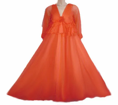 *VINTAGE DOUBLE NYLON PEIGNOIR & NIGHTGOWN 19 FEET GRAND SWEEP SET ADORNED WITH FABRIC ROSES IN RARE SHADE OF TANGERINE