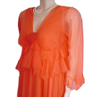 *VINTAGE DOUBLE NYLON PEIGNOIR & NIGHTGOWN 19 FEET GRAND SWEEP SET ADORNED WITH FABRIC ROSES IN RARE SHADE OF TANGERINE