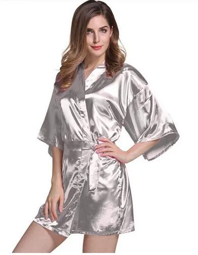 Women Silk Satin Short Night Robe Solid Kimono Robe Fashion Bath Robe Sexy Bathrobe Peignoir Femme Wedding Bride Bridesmaid Robe