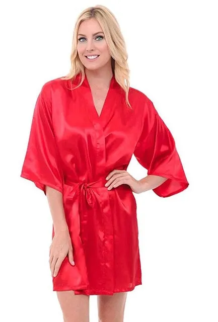 Women Silk Satin Short Night Robe Solid Kimono Robe Fashion Bath Robe Sexy Bathrobe Peignoir Femme Wedding Bride Bridesmaid Robe