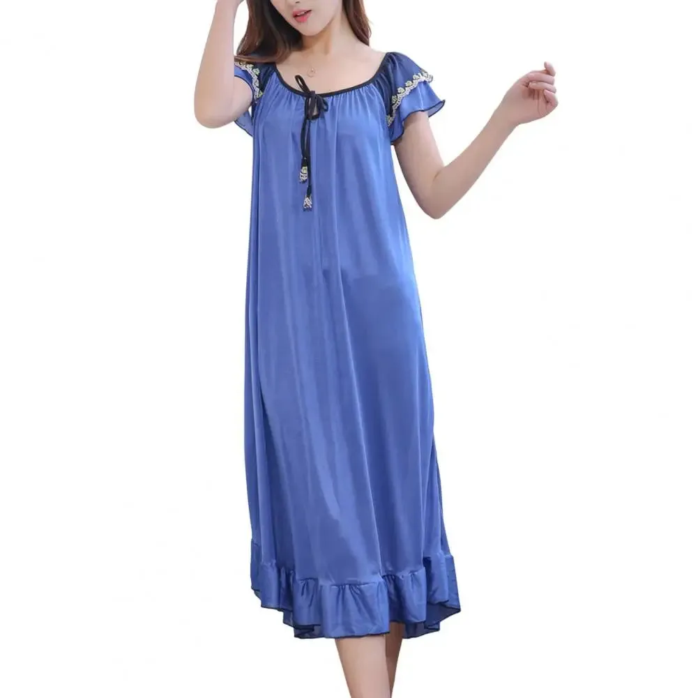 Women Sleeping Dress O-Neck Lace-up Short Sleeve Summer Nightdress Satin Ruffle Hem Girls Nightgown