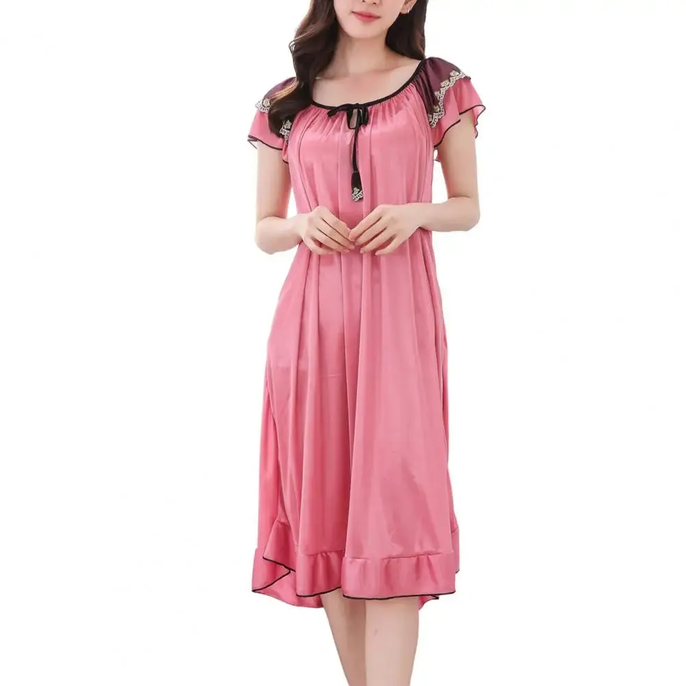 Women Sleeping Dress O-Neck Lace-up Short Sleeve Summer Nightdress Satin Ruffle Hem Girls Nightgown