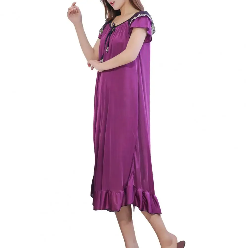 Women Sleeping Dress O-Neck Lace-up Short Sleeve Summer Nightdress Satin Ruffle Hem Girls Nightgown