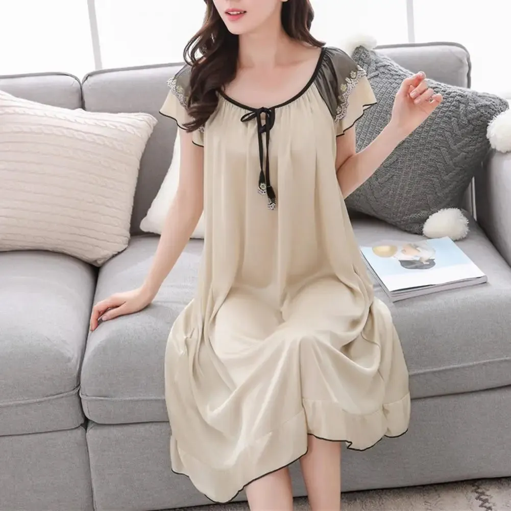 Women Sleeping Dress O-Neck Lace-up Short Sleeve Summer Nightdress Satin Ruffle Hem Girls Nightgown