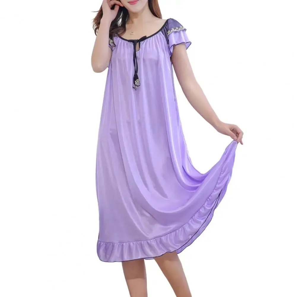 Women Sleeping Dress O-Neck Lace-up Short Sleeve Summer Nightdress Satin Ruffle Hem Girls Nightgown