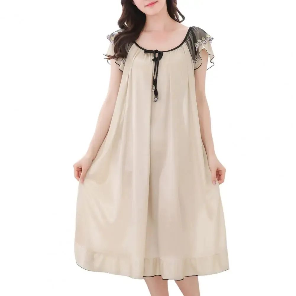 Women Sleeping Dress O-Neck Lace-up Short Sleeve Summer Nightdress Satin Ruffle Hem Girls Nightgown