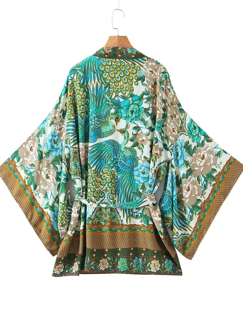 Women's Kimono Floral Birds Print Green Color Cotton Short Length Gown Kimono