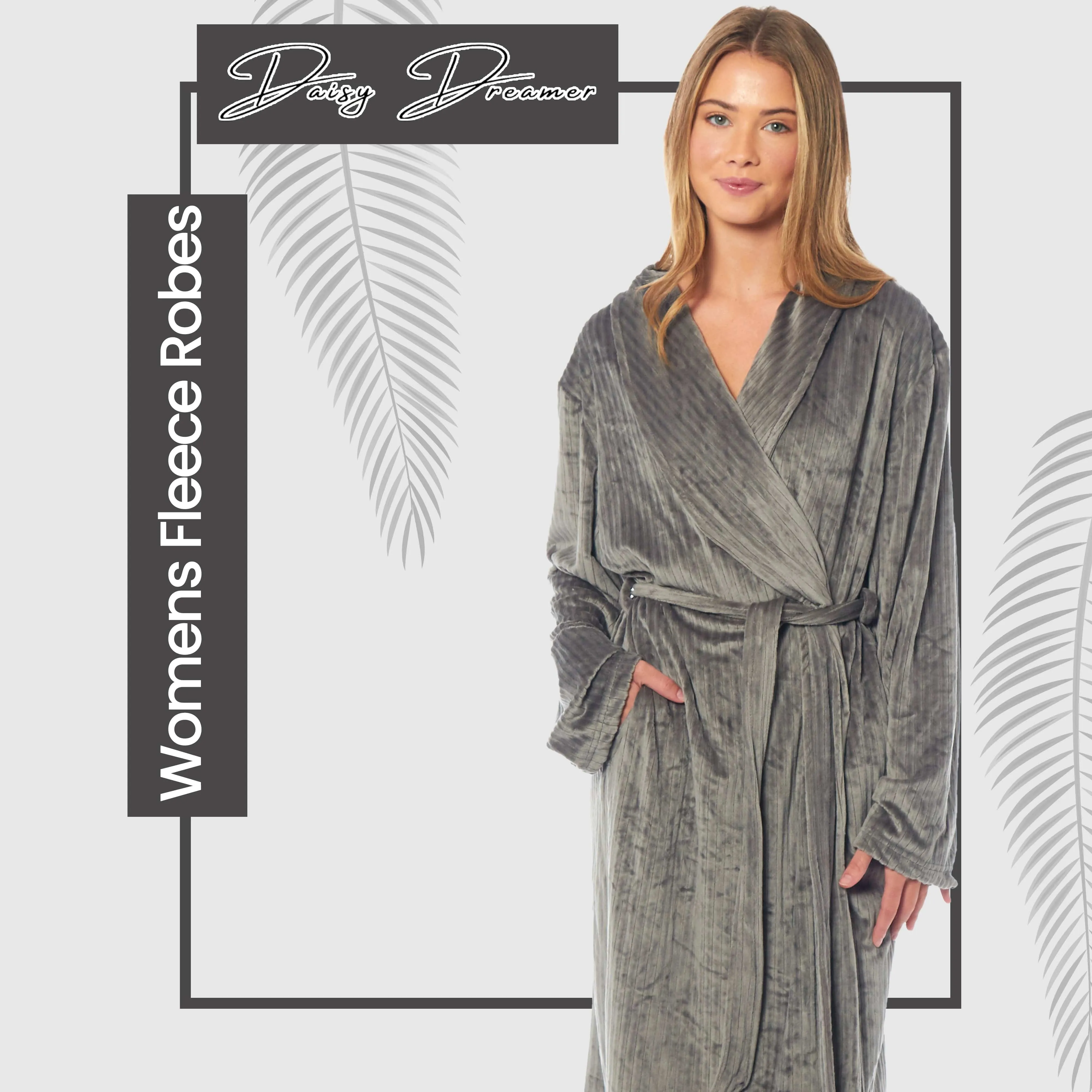 Women's Stripe Jacquard Soft Warm Long Dressing Gown with Belt and Pockets Cosy Shawl Collar Loungewear Robe By Daisy Dreamer