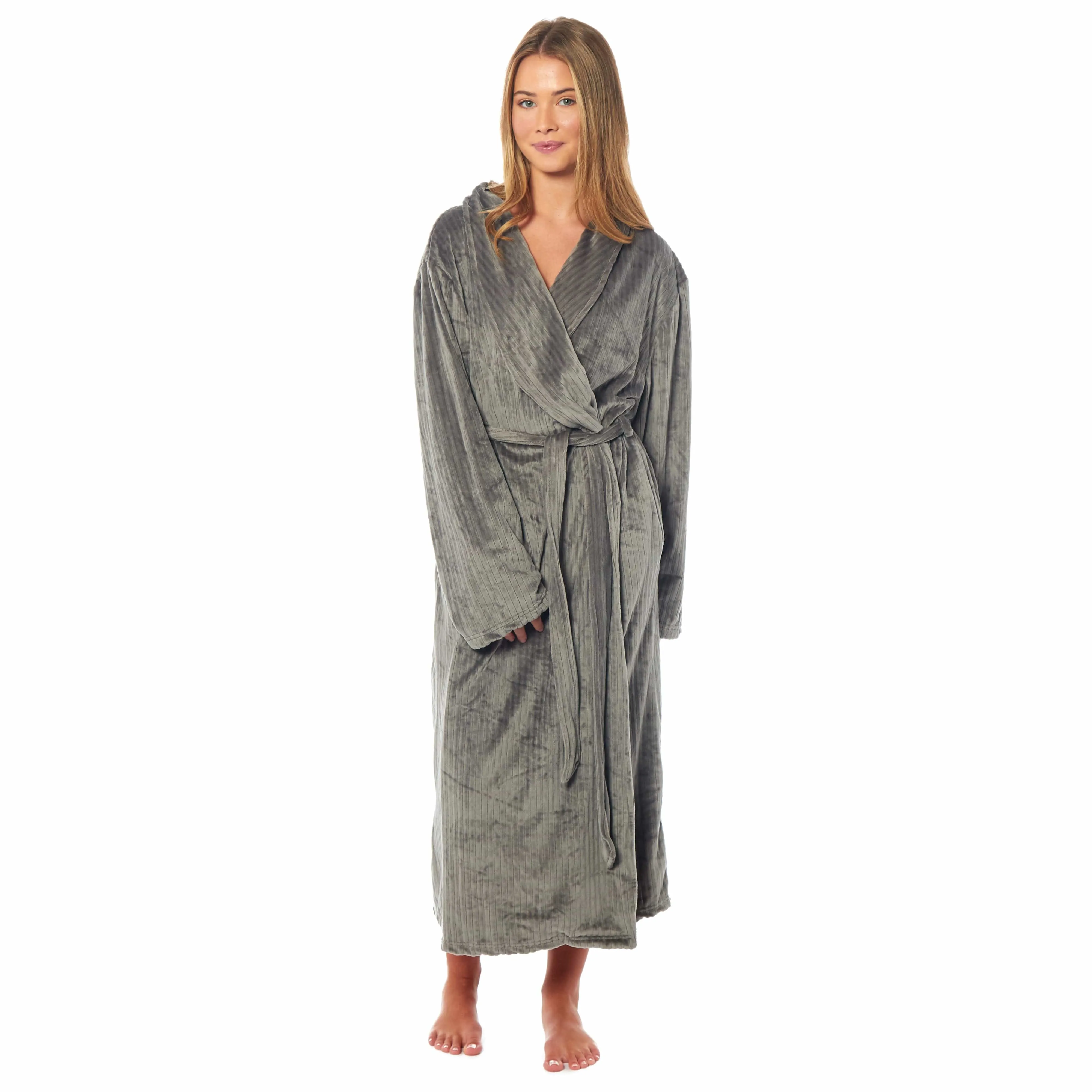 Women's Stripe Jacquard Soft Warm Long Dressing Gown with Belt and Pockets Cosy Shawl Collar Loungewear Robe By Daisy Dreamer