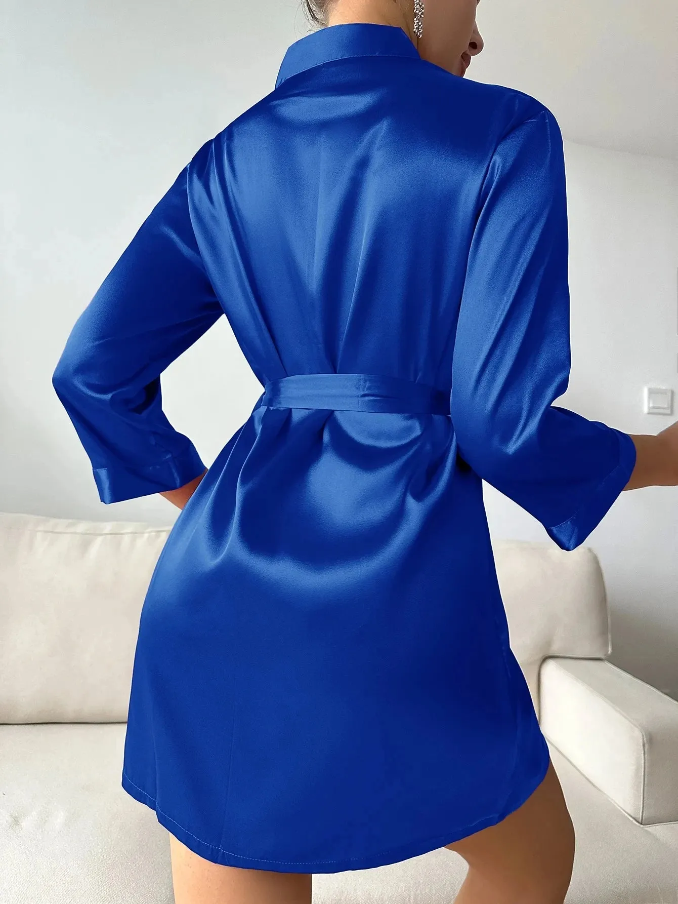 Womens V-Neck Sexy Silk Robe With Belt Short Satin Kimono Robe Sleepwear Bathrobe Bridesmaid Party Dressing Gown