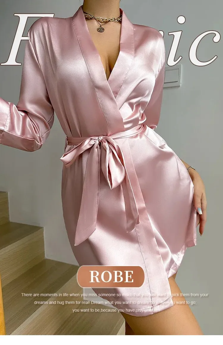 Womens V-Neck Sexy Silk Robe With Belt Short Satin Kimono Robe Sleepwear Bathrobe Bridesmaid Party Dressing Gown