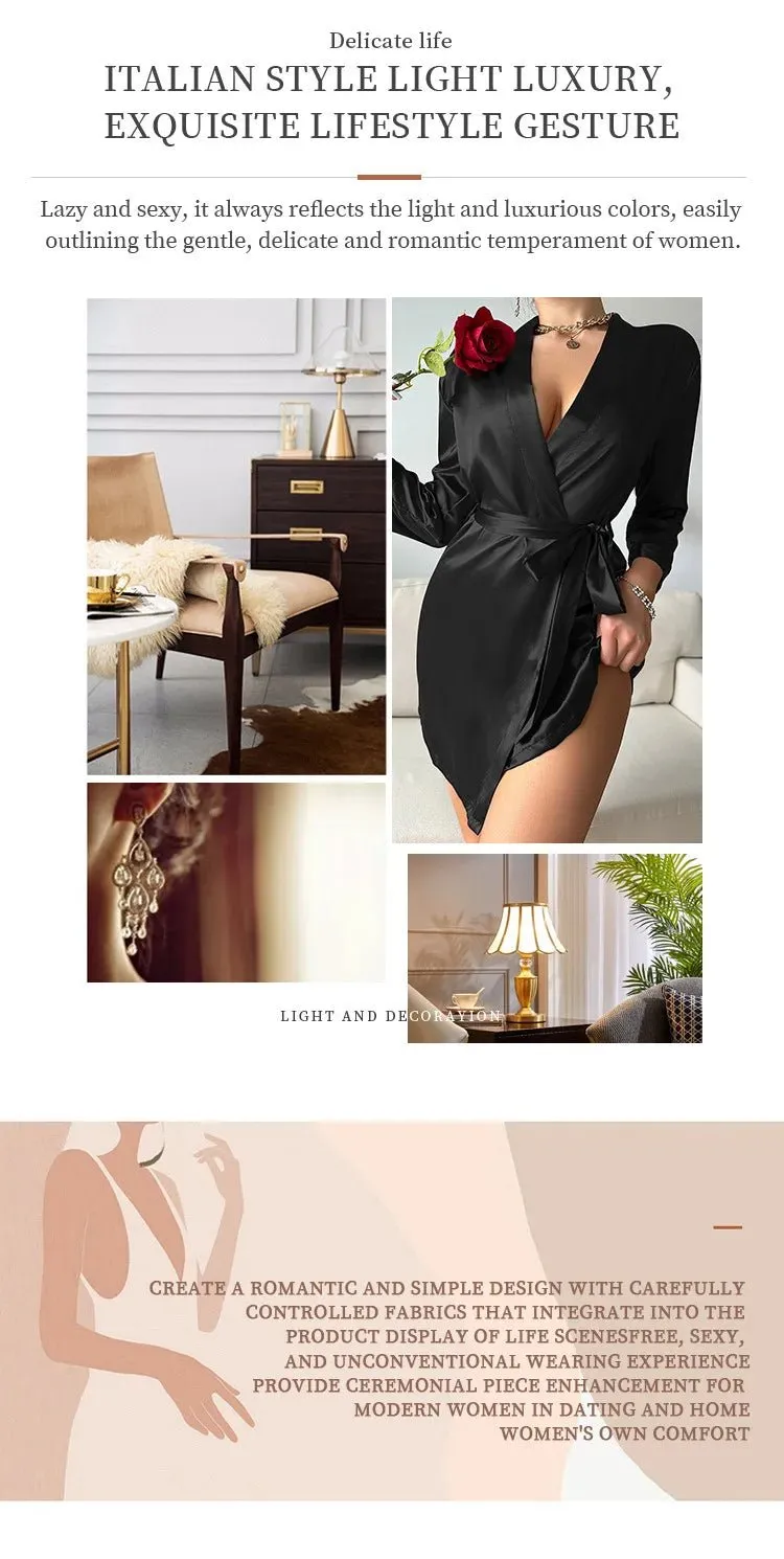 Womens V-Neck Sexy Silk Robe With Belt Short Satin Kimono Robe Sleepwear Bathrobe Bridesmaid Party Dressing Gown