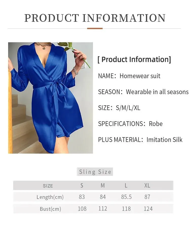 Womens V-Neck Sexy Silk Robe With Belt Short Satin Kimono Robe Sleepwear Bathrobe Bridesmaid Party Dressing Gown