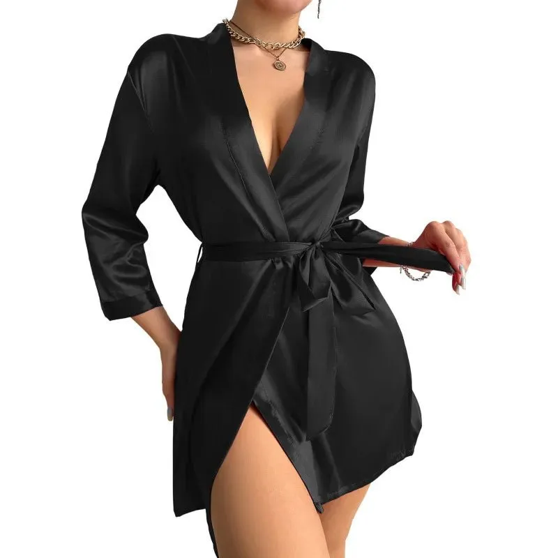 Womens V-Neck Sexy Silk Robe With Belt Short Satin Kimono Robe Sleepwear Bathrobe Bridesmaid Party Dressing Gown