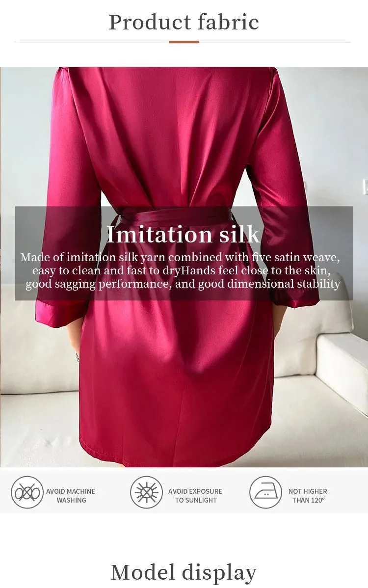 Womens V-Neck Sexy Silk Robe With Belt Short Satin Kimono Robe Sleepwear Bathrobe Bridesmaid Party Dressing Gown