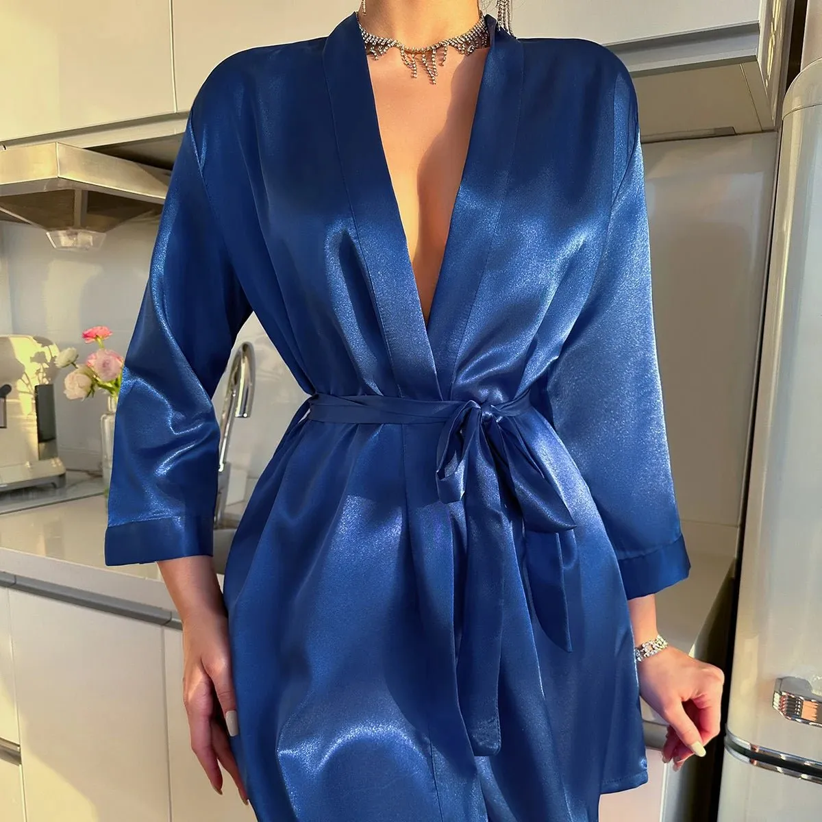 Womens V-Neck Sexy Silk Robe With Belt Short Satin Kimono Robe Sleepwear Bathrobe Bridesmaid Party Dressing Gown