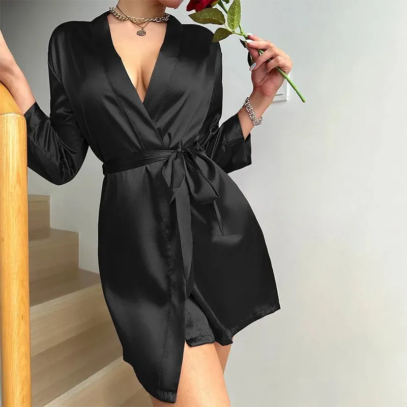 Womens V-Neck Sexy Silk Robe With Belt Short Satin Kimono Robe Sleepwear Bathrobe Bridesmaid Party Dressing Gown